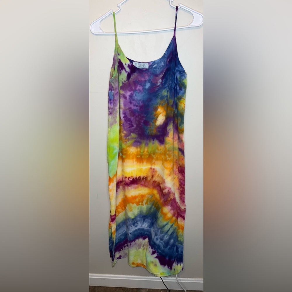 Colorful Tie-Dye Maxi Dress Custom Made Side Slip Sz XL Straight Line Strappy